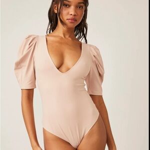 Free People Intimately Puff Sleeve V-Neck Bodysuit - Taupe